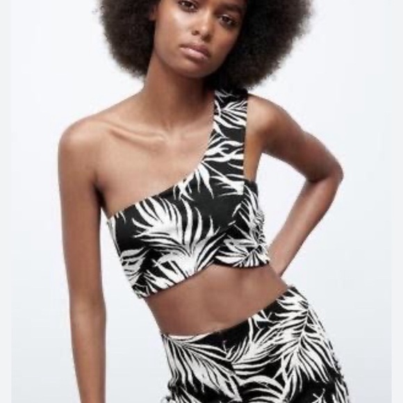Zara Jacquard Leaf Tropical One Shoulder Assymetrical Crop Top - Picture 1 of 7